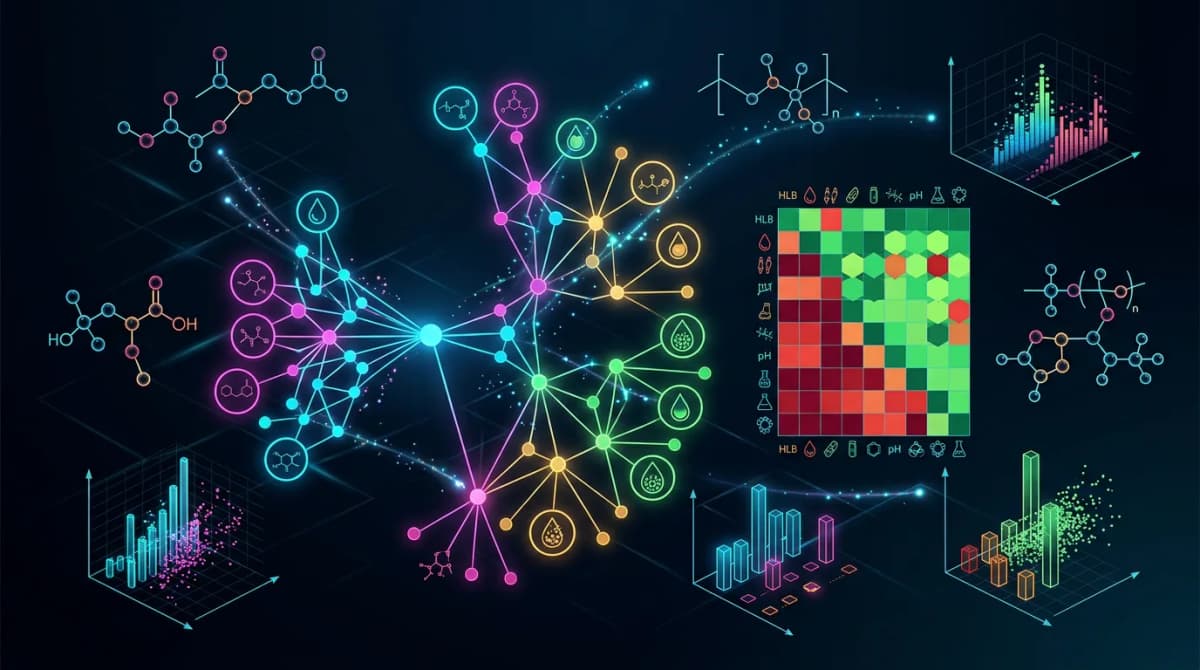 Visualisasi data abstrak menunjukkan model machine learning untuk prediksi stabilitas emulsi kosmetik — grafik jaringan berwarna-warni, struktur molekul, matriks kompatibilitas bahan yang melayang di latar belakang gelap, estetika futuristik namun tetap ilmiah
