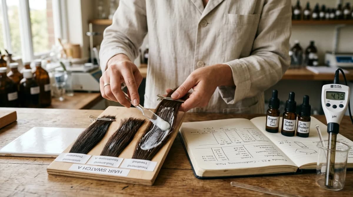 Close-up tangan ahli kimia kosmetik mengaplikasikan conditioner rambut pada sampel rambut cokelat di atas papan uji, dengan buku catatan formula terbuka, botol pipet berisi bahan, dan pH meter yang terlihat, cahaya alami hangat, gaya fotografi editorial kecantikan