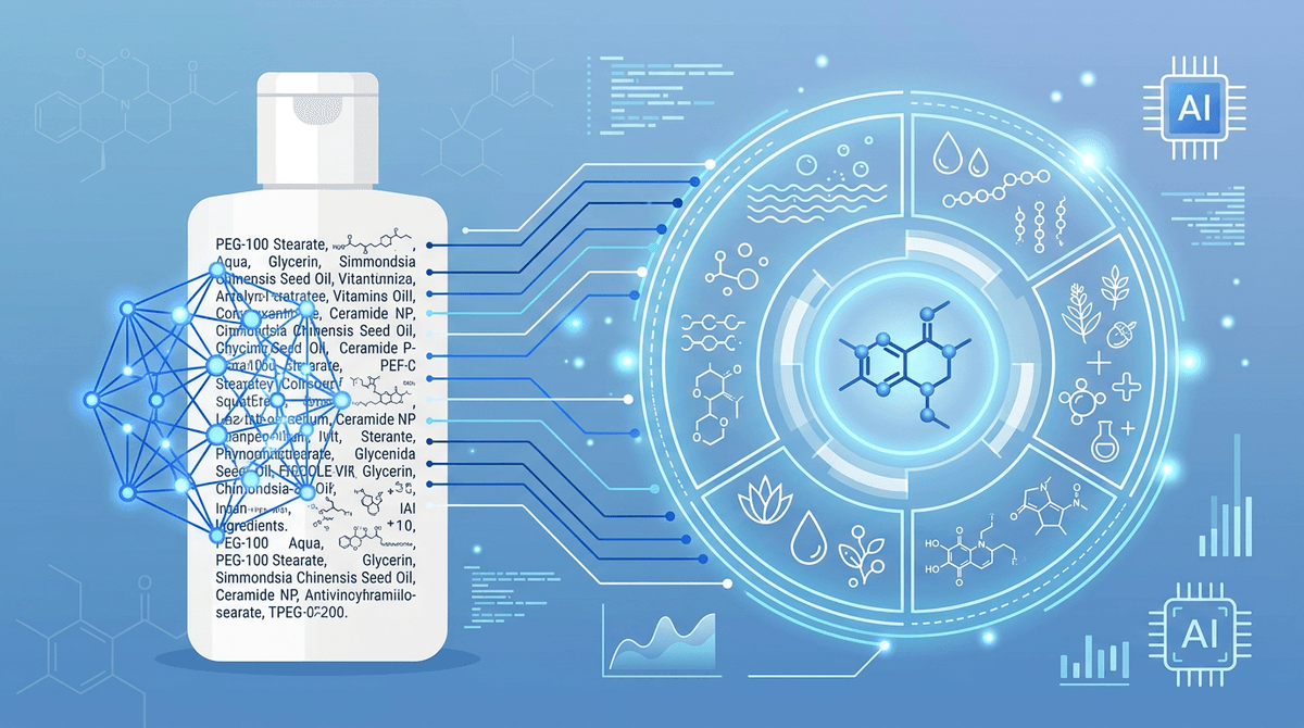 Ilustrasi ilmiah bergaya flat design menampilkan label produk kosmetik dengan daftar bahan INCI yang dipindai oleh overlay jaringan saraf AI yang bercahaya, garis-garis digital menghubungkan teks ke diagram formula terstruktur holografik dengan lingkaran berlapis yang mewakili fase air, fase minyak, dan fase aktif, gaya infografis edukasi modern yang bersih, palet warna biru sejuk dan putih, tanpa wajah manusia