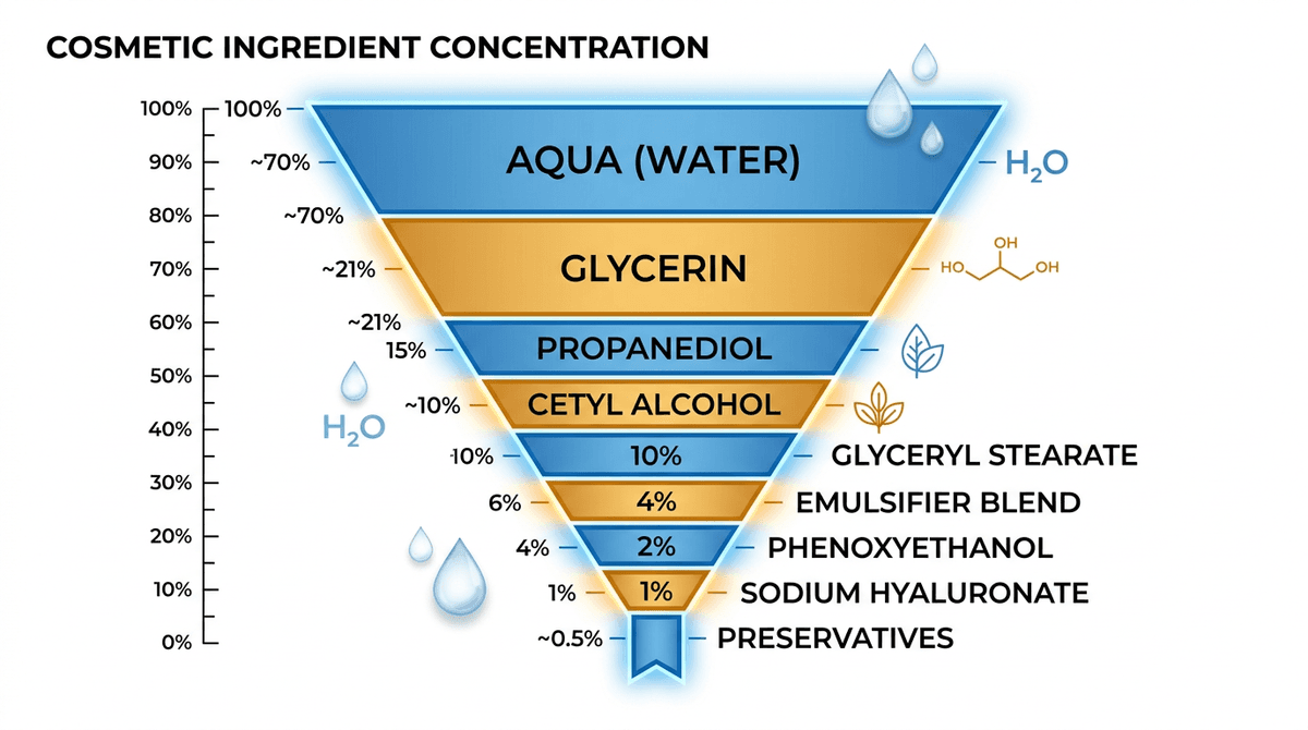 Ilustrasi diagram ilmiah menampilkan visualisasi grafik batang vertikal atau funnel bahan kosmetik yang menurun konsentrasinya dari atas ke bawah, dilabeli dengan istilah umum seperti Aqua, Glycerin, Emulsifier, Preservative, dengan skala persentase di sampingnya, gaya infografis edukasi yang bersih, latar putih, aksen warna biru dan amber, tanpa tumpang tindih teks, tanpa figur manusia