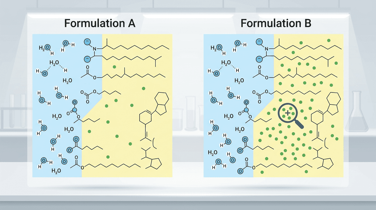 Ilustrasi ilmiah membandingkan dua formulasi produk kosmetik berdampingan sebagai diagram molekul terstruktur, masing-masing terbagi menjadi fase berkode warna (fase air biru muda, fase minyak kuning pucat, bahan aktif titik hijau), ikon kaca pembesar menyoroti perbedaan konsentrasi bahan aktif utama, gaya infografis vektor flat yang bersih, estetika riset laboratorium, tanpa wajah manusia