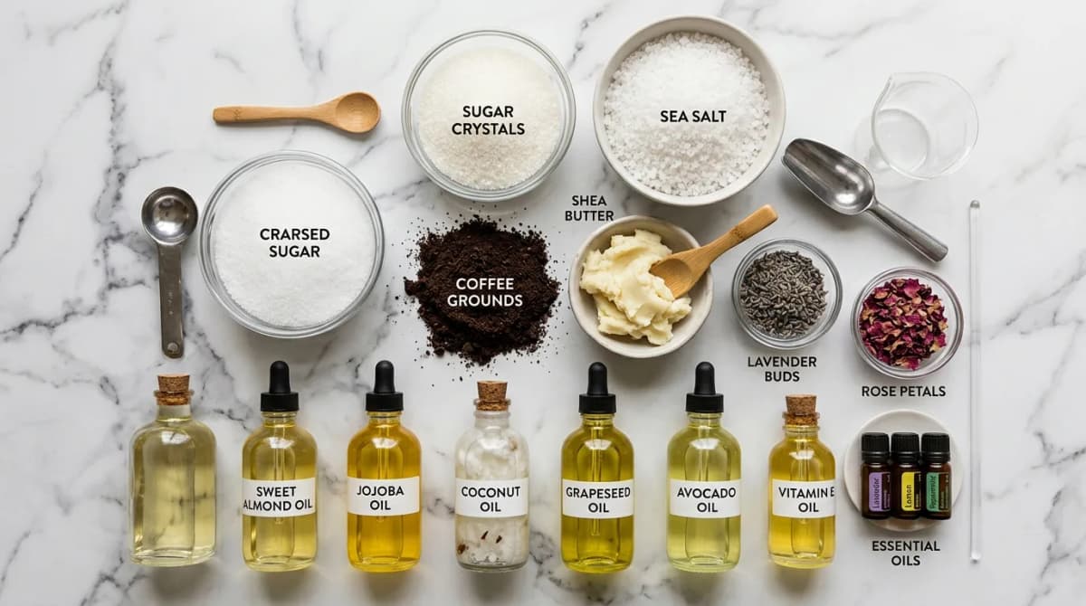 Flat lay of various body scrub ingredients: sugar crystals, sea salt, coffee grounds, carrier oils in glass bottles, shea butter, arranged on white marble surface, professional cosmetic chemistry photography, soft natural lighting