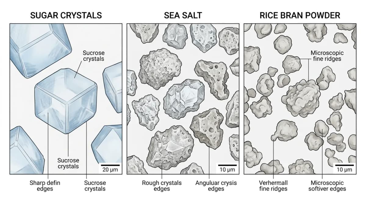 Microscopic comparison of abrasive particles: sugar crystals vs sea salt vs rice bran powder, showing different particle shapes and edges, scientific illustration style, clean white background, labelled diagram