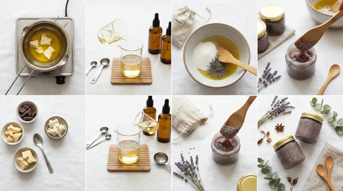 Step-by-step process of making body scrub at home: melting butters in double boiler, mixing oils in beaker, adding sugar crystals with spatula, pouring finished scrub into glass jars, clean minimal flat lay photography