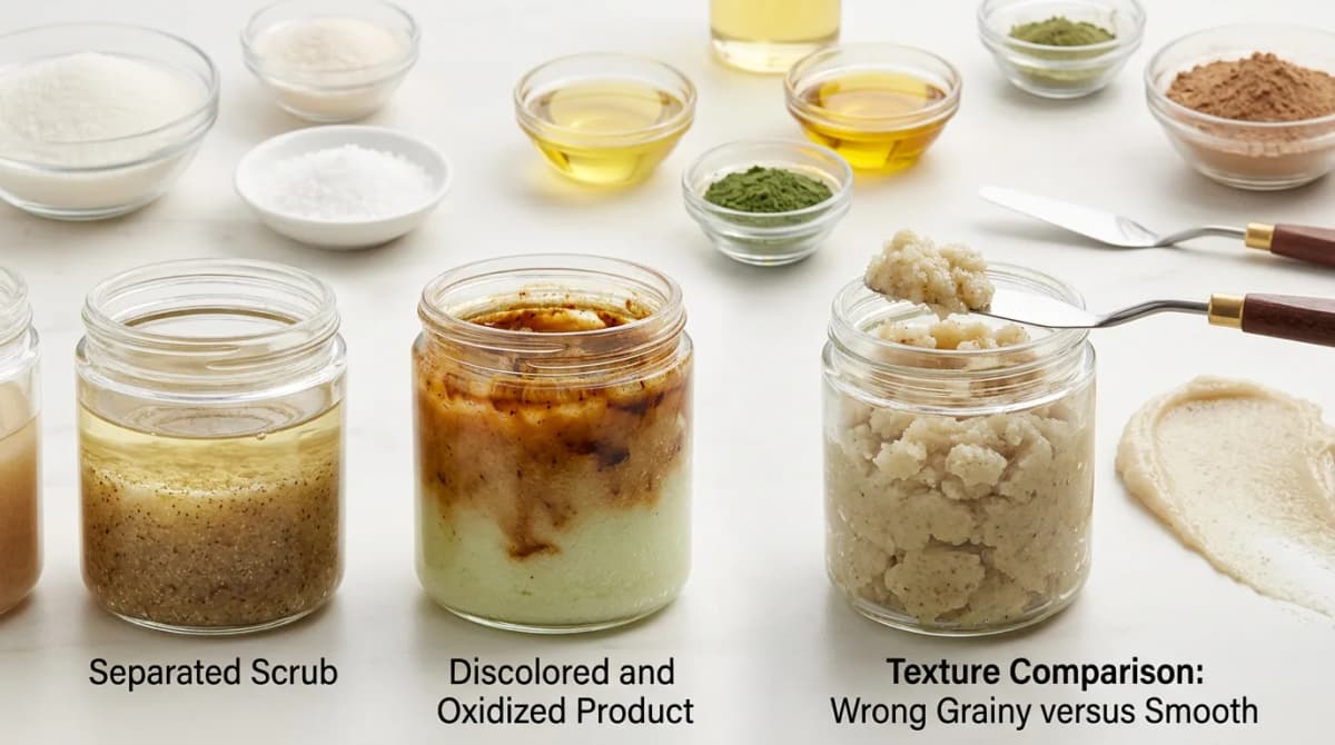 Common body scrub formulation mistakes illustrated: separated scrub with settled particles in jar, discolored oxidized product, wrong grainy vs smooth texture comparison side by side, educational infographic style with annotations