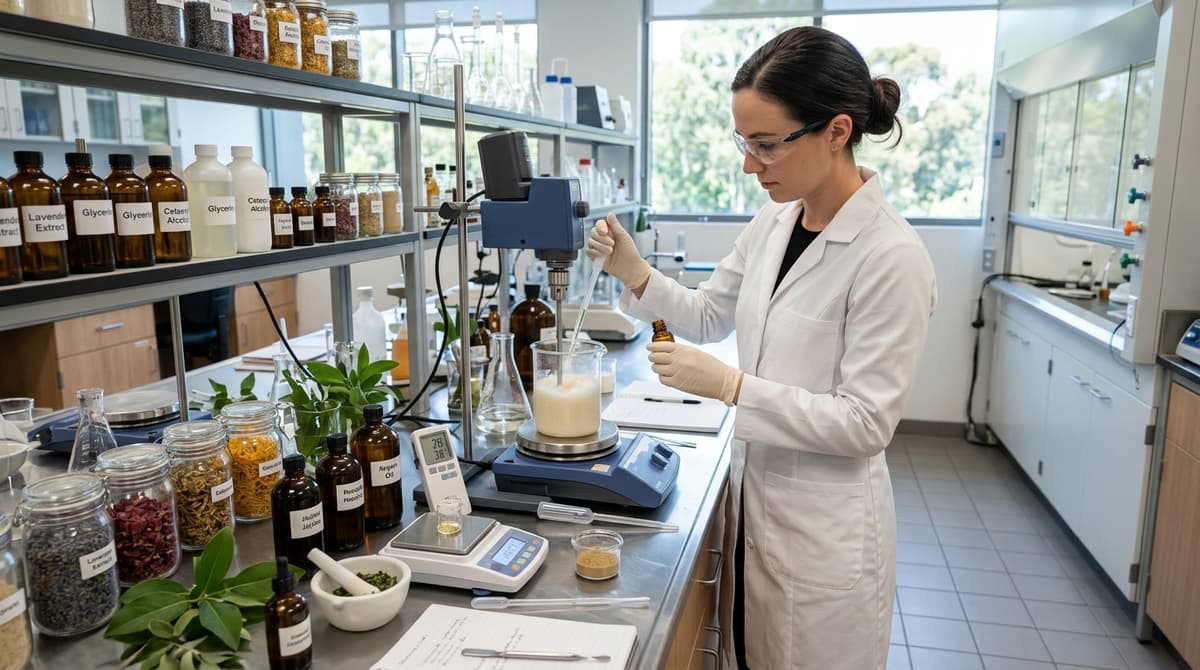 Seorang ahli kimia kosmetik profesional dengan jas lab putih bekerja di meja laboratorium modern dengan gelas kimia, pengemulsi, dan bahan botani, pencahayaan alami yang cerah, gaya fotorealistik