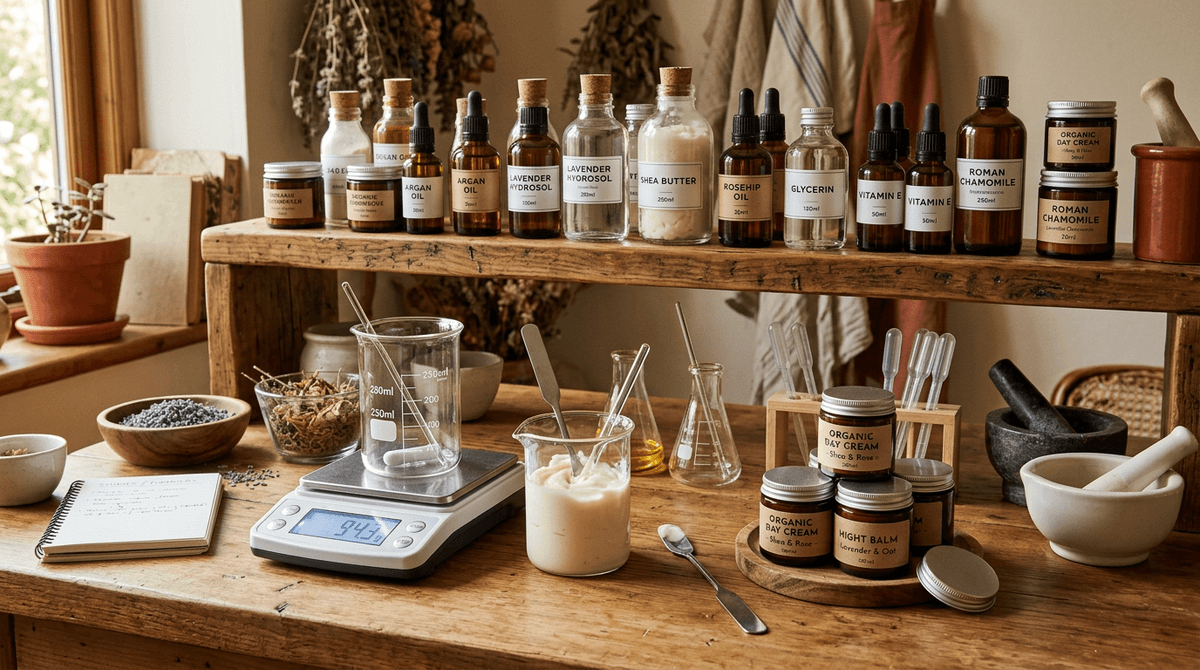 Pengaturan laboratorium kosmetik rumahan dengan botol bahan berlabel, timbangan digital, gelas kimia, dan toples krim buatan tangan di rak kayu, pencahayaan hangat, suasana nyaman