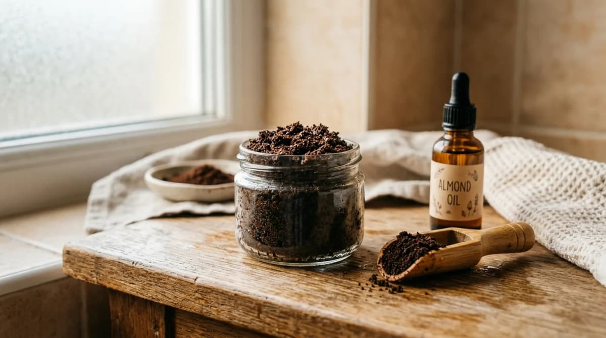 Photo-realistic close-up shot of used coffee grounds (spent coffee grounds) piled in a small glass jar on a bathroom counter, alongside a wooden spoon and a bottle of oil, soft natural window light, warm brown tones, shallow depth of field, styled like a DIY cosmetics blog hero image, no visible human faces or hands