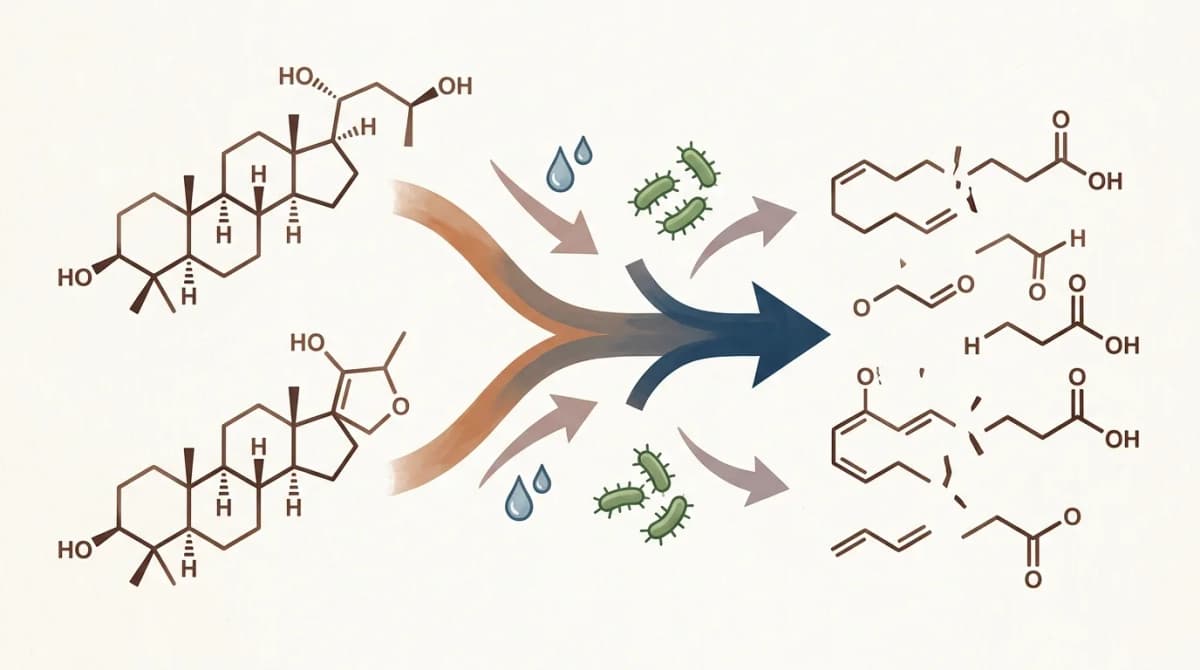 Scientific educational diagram illustrating lipid oxidation process in spent coffee grounds: molecular structures of cafestol and kahweol on the left transitioning through arrows to oxidized rancid fatty acid molecules on the right, with small icons representing moisture droplets and bacteria accelerating the process, clean infographic style, muted brown and orange color palette, labeled with simple text arrows, no photorealistic people