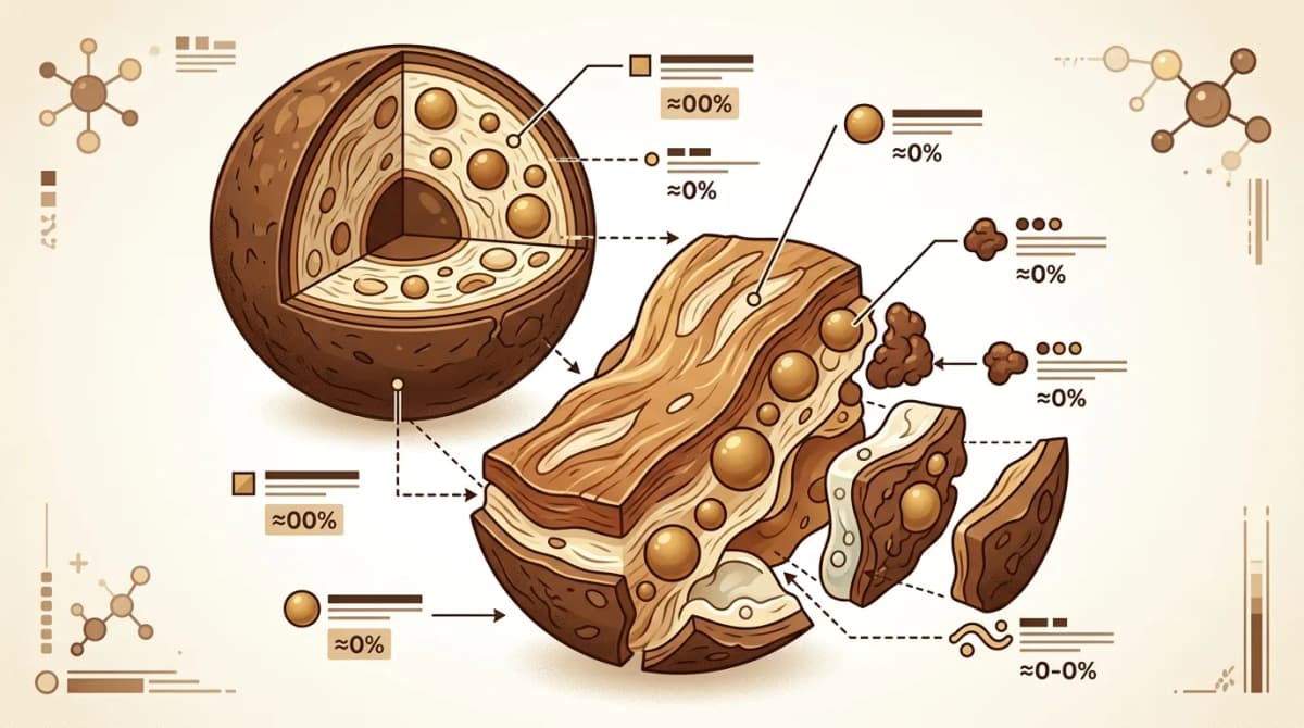 Scientific infographic-style illustration showing a cross-section of a coffee ground particle with labeled layered composition: cellulose and hemicellulose matrix, lipid droplets, protein fragments, and moisture content, presented as a clean exploded diagram with percentage labels and color-coded segments, educational textbook illustration style, brown and cream color scheme, no text overlap with real language just placeholder labels