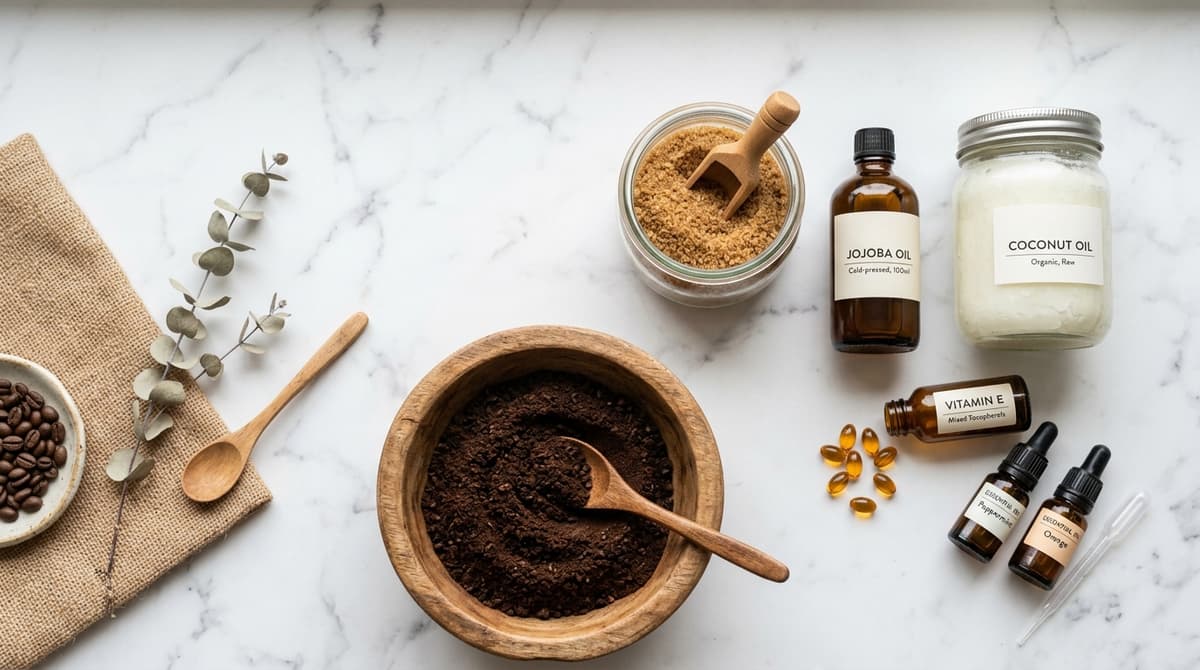 Flat lay of professional cosmetic ingredients for coffee body scrub: fresh coffee grounds in a wooden bowl, small glass bottles of jojoba oil and coconut oil, brown sugar, vitamin E capsules, essential oil dropper bottles, arranged on white marble surface with soft natural light