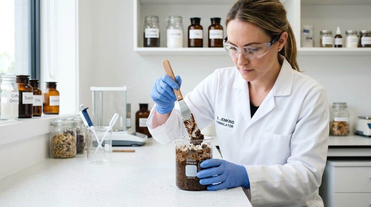 Professional cosmetic formulator in lab coat mixing dark brown coffee scrub in a glass laboratory beaker with a stainless steel spatula, close-up of granular scrub texture, clean white lab background