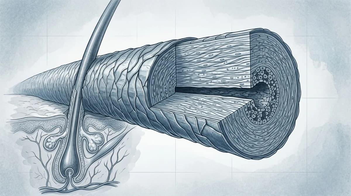 Ilustrasi ilmiah close-up potongan lintang satu helai rambut menunjukkan sisik kutikula, korteks, dan lapisan medula, nuansa biru dan abu-abu, gaya diagram edukatif