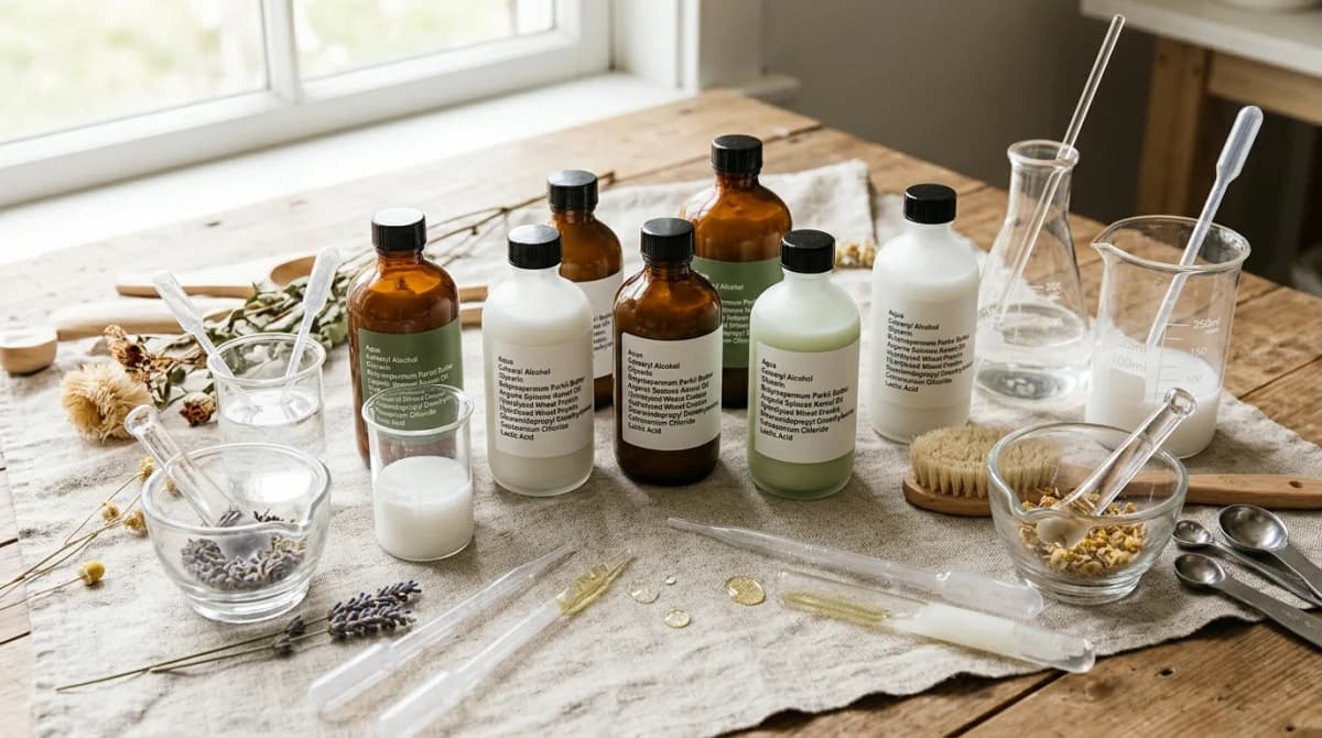 Foto flat lay editorial beberapa botol kondisioner dengan label komposisi yang terlihat, dikelilingi peralatan gelas laboratorium dan pipet, pencahayaan alami lembut, gaya editorial kecantikan
