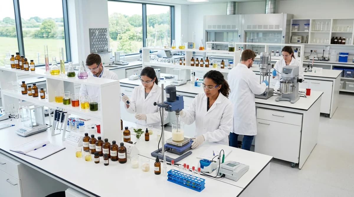 Laboratorium formulasi kosmetik modern dengan meja putih, gelas kimia, peralatan emulsifikasi, dan ilmuwan berjas lab yang sedang mengerjakan formula — lingkungan ilmiah yang bersih, terang, dan profesional