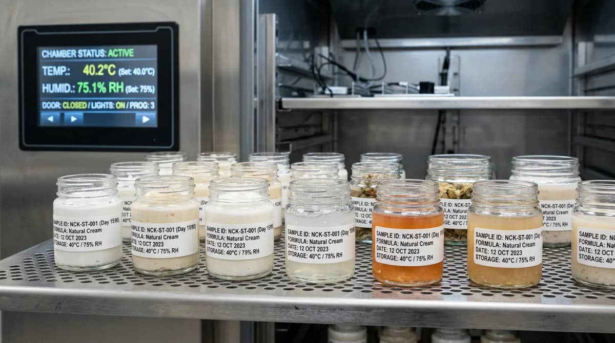 Tampilan dekat sampel uji stabilitas kosmetik dalam botol kaca berlabel yang disusun di ruang iklim, pengaturan ilmiah dengan kontrol suhu yang terlihat