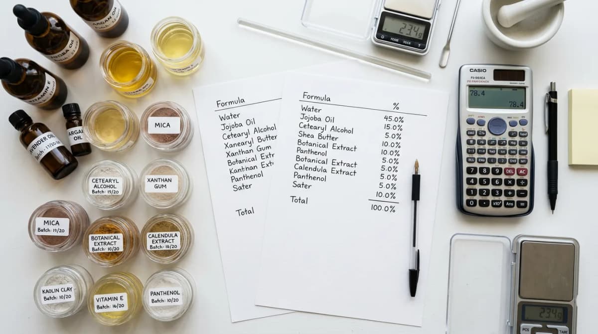 Tampilan datar sampel bahan kosmetik, lembar kerja formula dengan persentase yang ditulis tangan, dan kalkulator di permukaan putih bersih — mewakili perencanaan anggaran formulasi