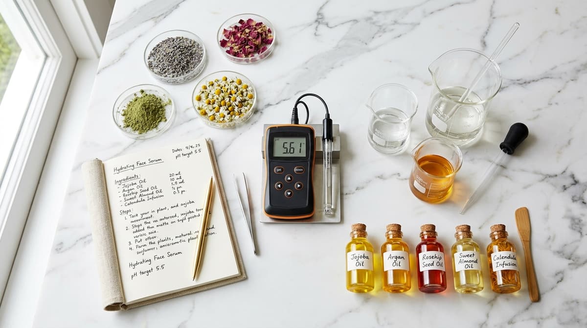 Tampilan flat lay alat-alat kimia kosmetik yang disusun artistik - pH meter digital, gelas kimia dan pipet, botol-botol kecil minyak nabati, ekstrak botani dalam cawan petri, catatan formulasi tulisan tangan, latar belakang marmer putih bersih, fotografi editorial profesional