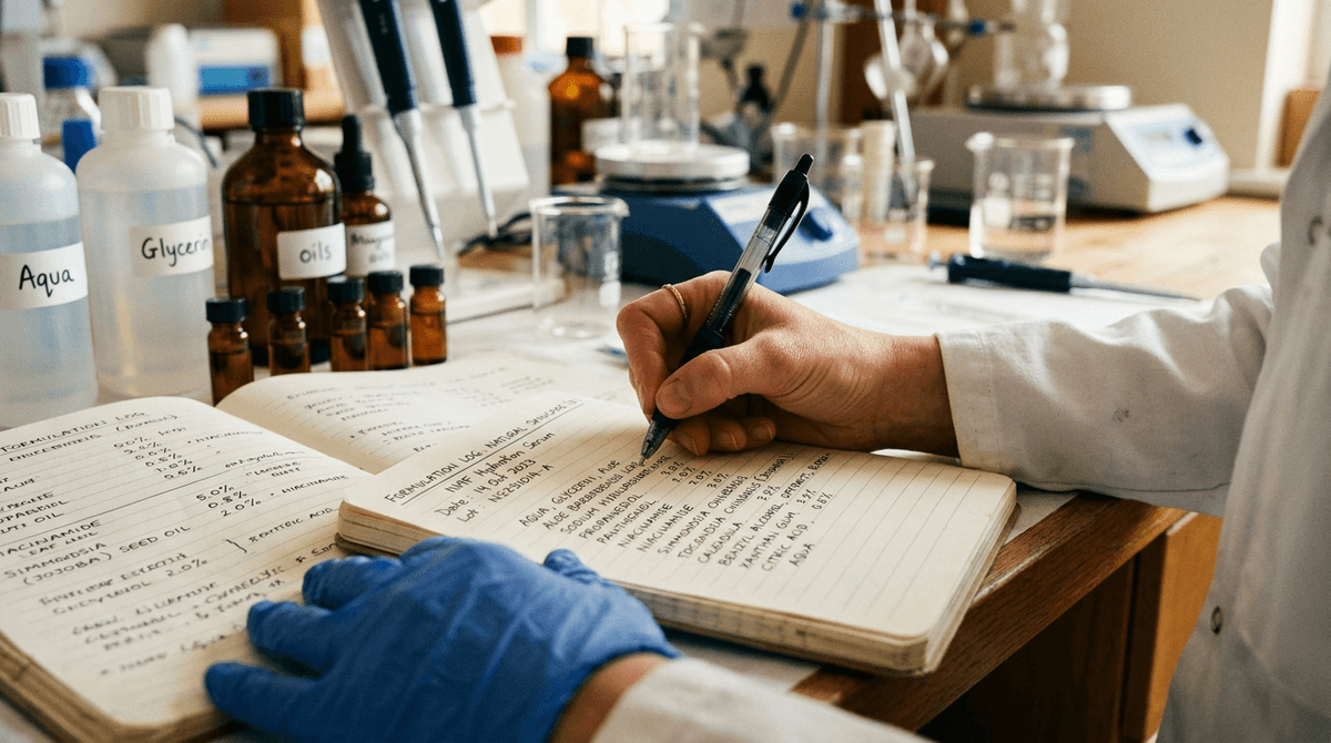 Close-up tangan seorang cosmetic chemist menulis catatan formulasi detail di buku catatan laboratorium, nama-nama bahan INCI terlihat jelas, pena di tangan, peralatan laboratorium yang blur di latar belakang, pencahayaan profesional hangat, gaya editorial