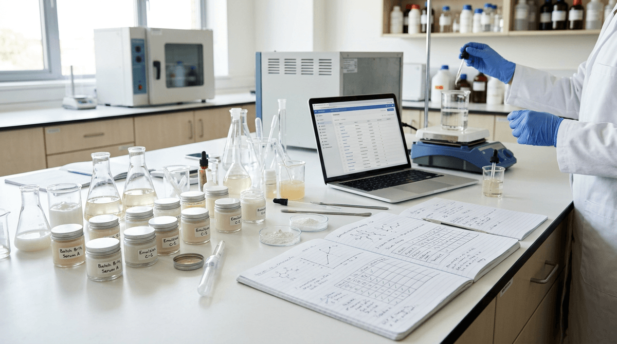 Ruang kerja laboratorium kosmetik modern dengan beberapa sampel krim dan serum dalam toples kecil, peralatan uji stabilitas, buku catatan formulasi terbuka dengan grafik, laptop menampilkan basis data bahan, fotografi lifestyle editorial yang bersih dan profesional