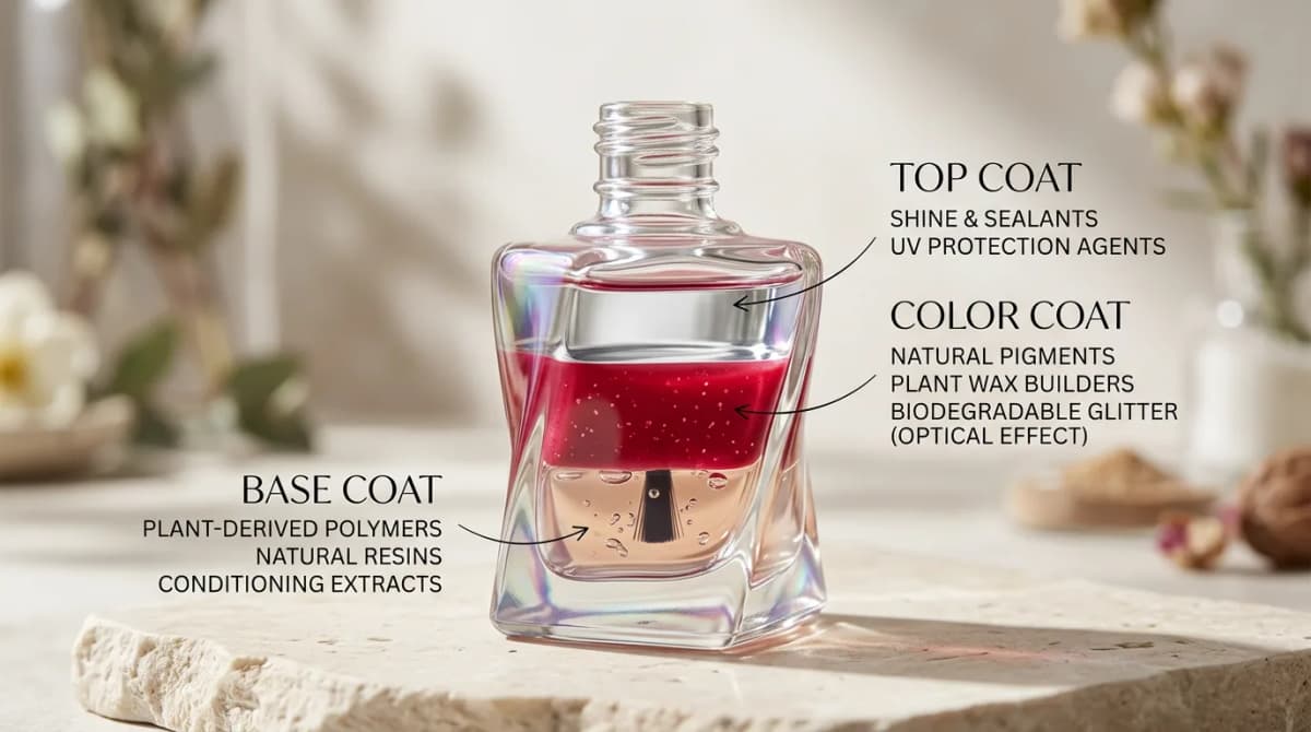 Penampang botol cat kuku menunjukkan lapisan base coat, color coat, dan top coat dengan label bahan dalam tipografi elegan, gaya ilustrasi editorial kecantikan, pencahayaan lembut