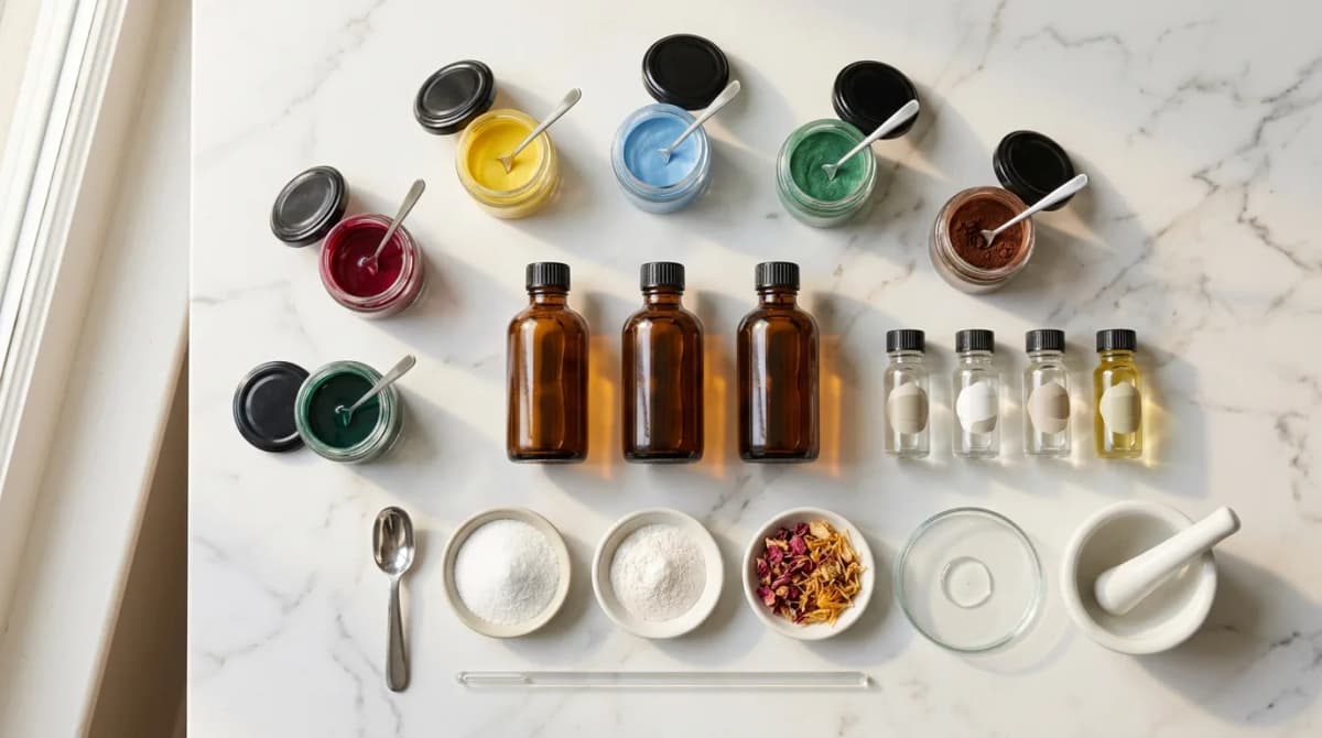 Flat lay bahan-bahan formulasi cat kuku — botol amber berisi larutan nitroselulosa, toples kecil dispersi pigmen, vial kaca berisi plasticizer, di atas permukaan marmer laboratorium putih yang bersih, estetika editorial kecantikan dengan bayangan lembut