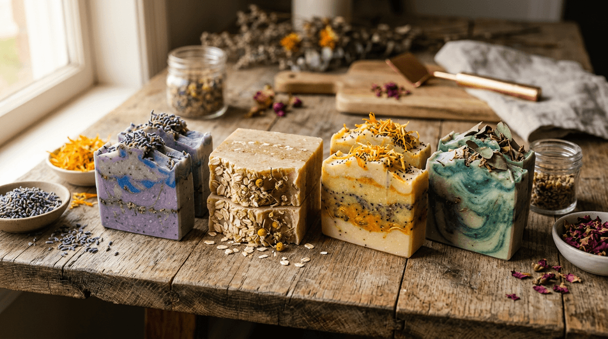 Close-up of cold process handmade soap bars with visible layers, natural textures, botanical inclusions like dried lavender and calendula petals on a rustic wooden surface, soft warm natural lighting, artisan aesthetic