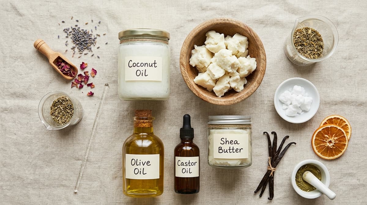 Flat lay of various oils and butters used in soap making — coconut oil, shea butter, olive oil, castor oil in glass containers with handwritten labels, top view, clean minimalist aesthetic with natural linen background