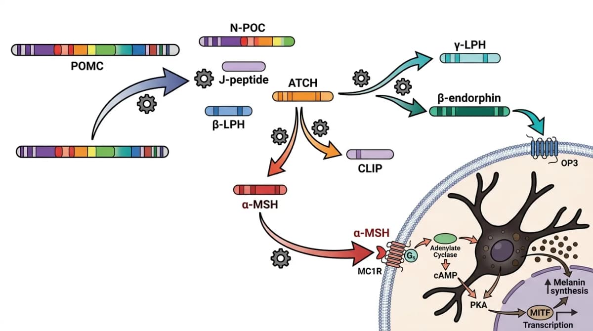 Diagram showing POMC peptide cleavage into alpha-MSH, ACTH and beta-endorphin with melanocyte receptors illustration, scientific educational style, clean white background, labelled arrows