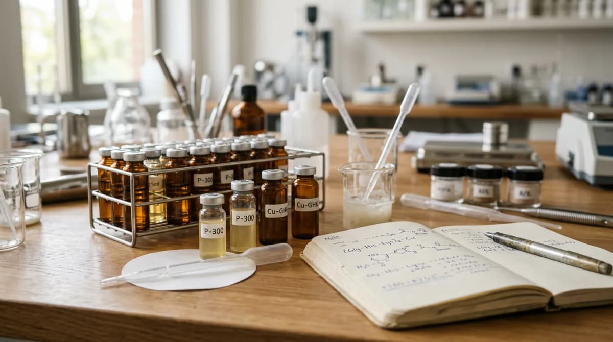 Close-up of cosmetic laboratory setting with small amber peptide vials, glass pipettes and open formulation notebook, professional scientific aesthetic, soft natural lighting