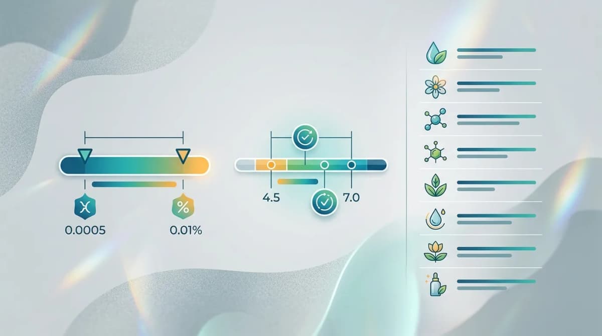 Infographic chart showing peptide concentration ranges 0.0005 to 0.01 percent, pH stability window 4.5 to 7.0 and list of compatible actives, clean modern design on light grey background