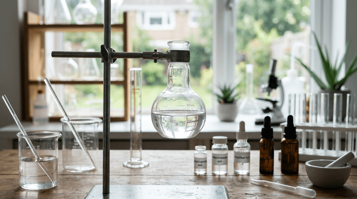 Close-up of a laboratory flask with clear niacinamide solution, scientific glassware, soft natural light, clean minimalist aesthetic, cosmetic chemistry lab