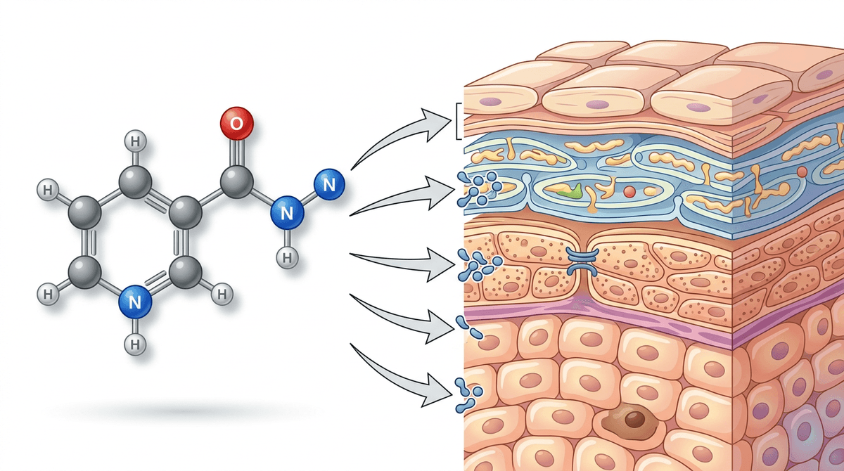 Scientific diagram showing niacinamide molecular structure and its interaction with skin barrier layers, educational infographic style, white background, elegant typography