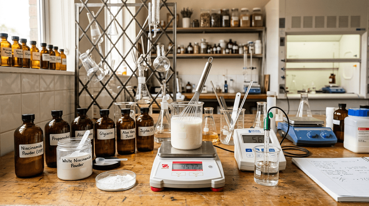 Skincare formulation lab setup with beakers, pH meter, digital scale, and ingredient bottles including white niacinamide powder, professional cosmetic chemistry workspace, warm tones