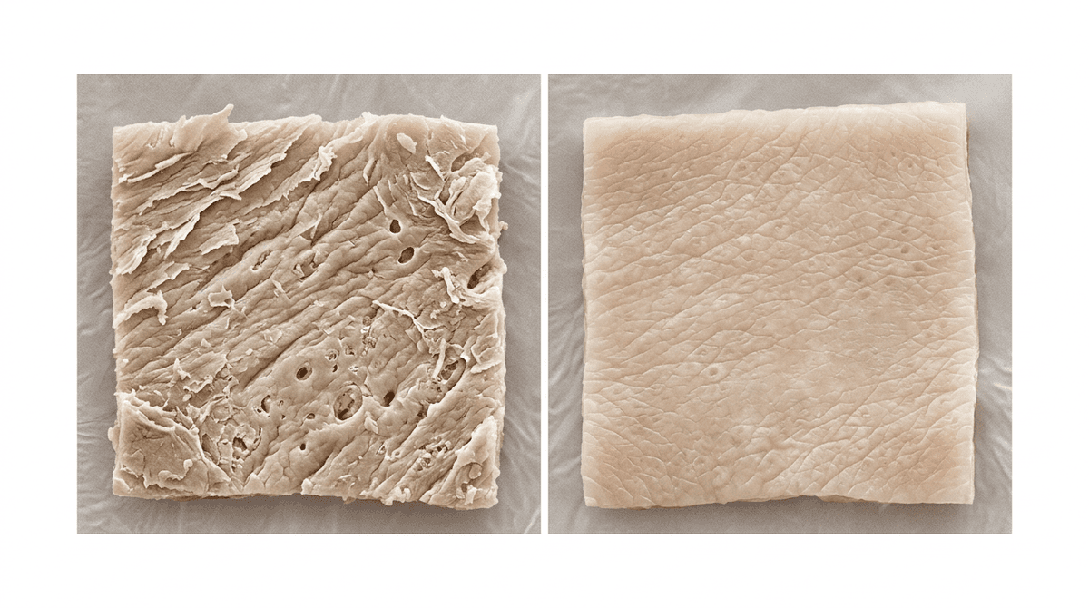 Before and after skin texture comparison illustration, microscopic skin surface visualization, scientific skincare result, clean minimal medical style