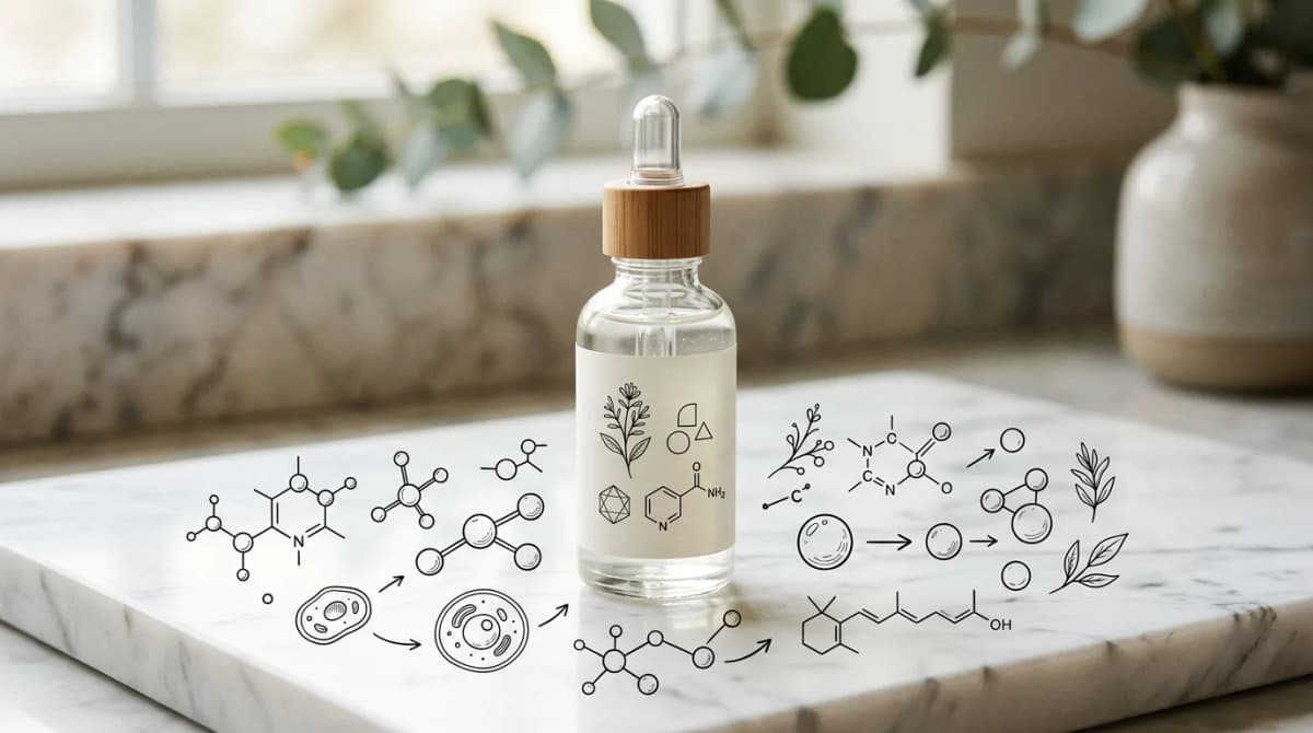 Close-up botol serum kaca minimalis berlabel niacinamide, dikelilingi diagram struktur molekul di atas permukaan marmer putih, pencahayaan alami yang lembut, gaya fotografi kecantikan editorial, estetika Vogue