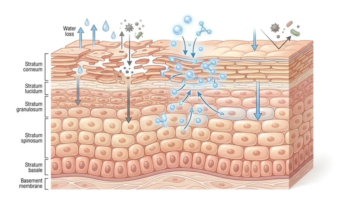 Ilustrasi ilmiah potongan lintang lapisan epidermis kulit yang menunjukkan proses pemulihan barrier ceramide, molekul niacinamide disorot dengan warna biru lembut, gaya infografis bersih dengan latar putih