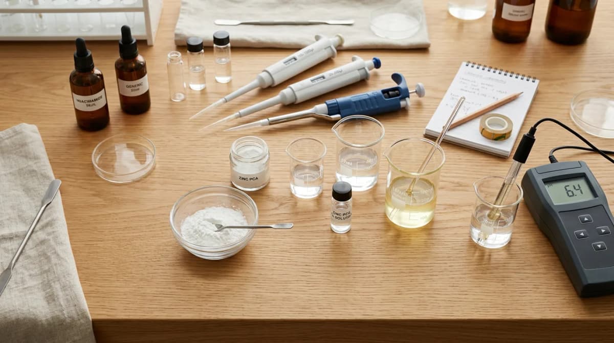 Flat lay ingredient laboratorium formulasi kosmetik: bubuk niacinamide putih dalam mangkuk kaca kecil, zinc PCA, pipet presisi, gelas beaker, dan pH meter di atas meja laboratorium yang bersih, estetika ilmiah dengan warna hangat