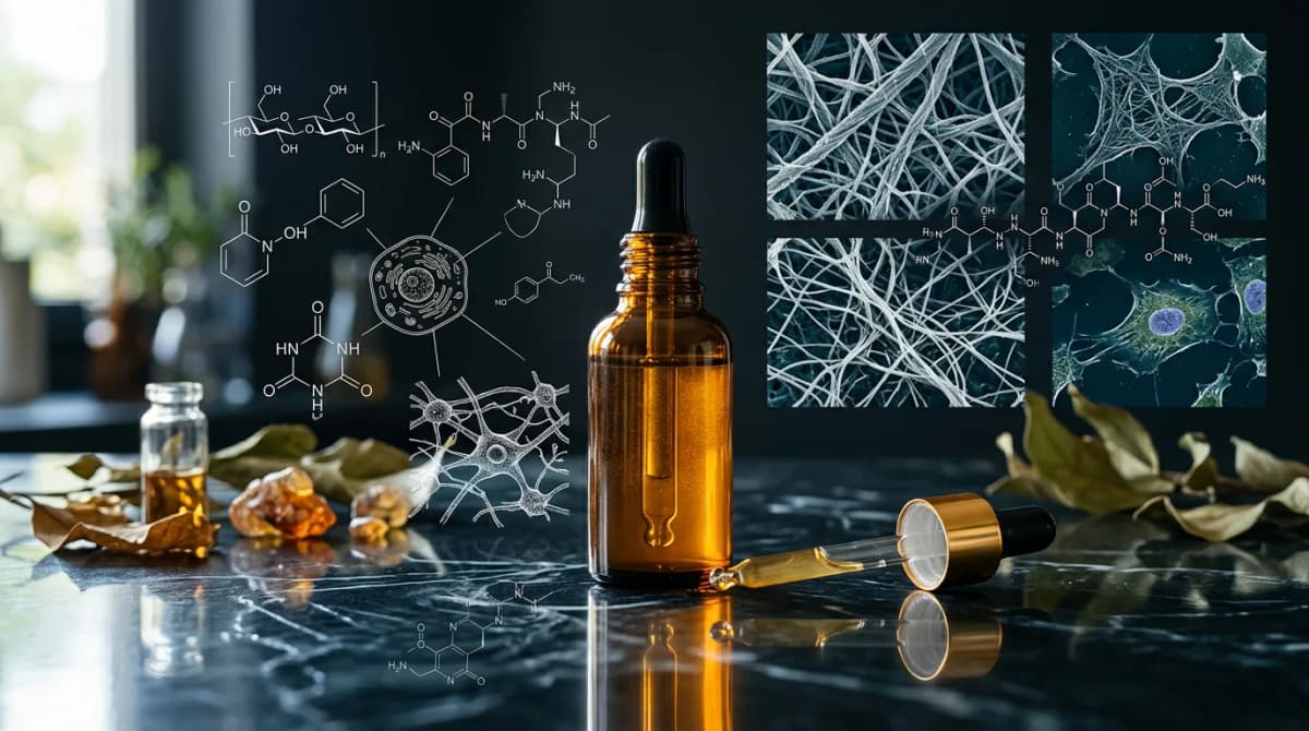 Konsep skincare anti-aging: botol dropper amber elegan berisi serum di atas permukaan reflektif, dikelilingi gambar mikroskopi serat kolagen abstrak dan diagram molekul, gaya editorial yang canggih dengan latar gelap