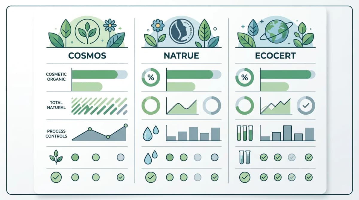 Comparison chart of organic cosmetic certification standards COSMOS, NATRUE, ECOCERT with key percentage requirements and certification logos arranged on a clean white minimalist background, flat design infographic style