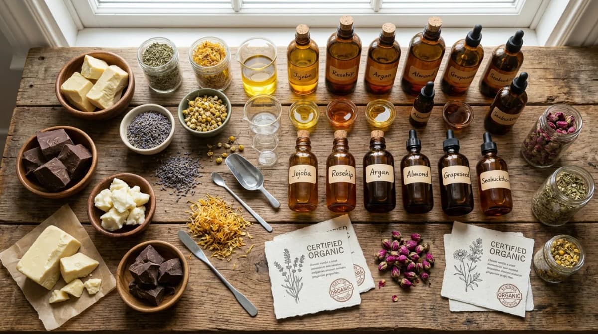 Flat lay of organic certified raw cosmetic ingredients — amber glass bottles with plant oils, solid shea and cocoa butters, dried botanical herbs, certification label papers — arranged on a natural wooden surface with soft natural lighting