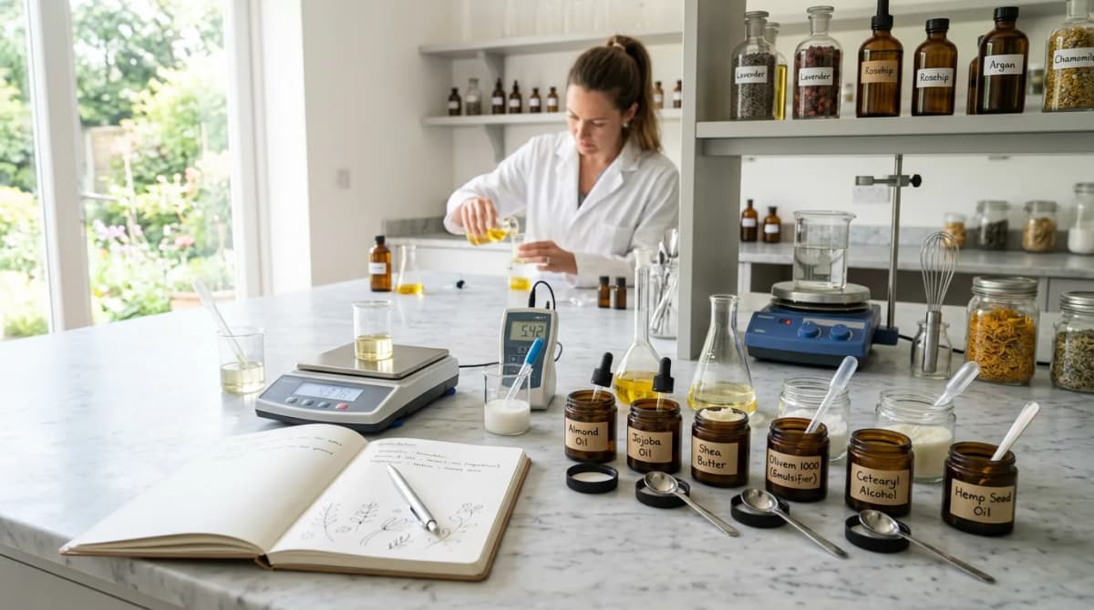 Professional organic cosmetic laboratory workspace with plant-based emulsifiers in small glass jars, botanical oils, pH meter, digital scale and open formulation notebook on a marble surface, clean and bright editorial style