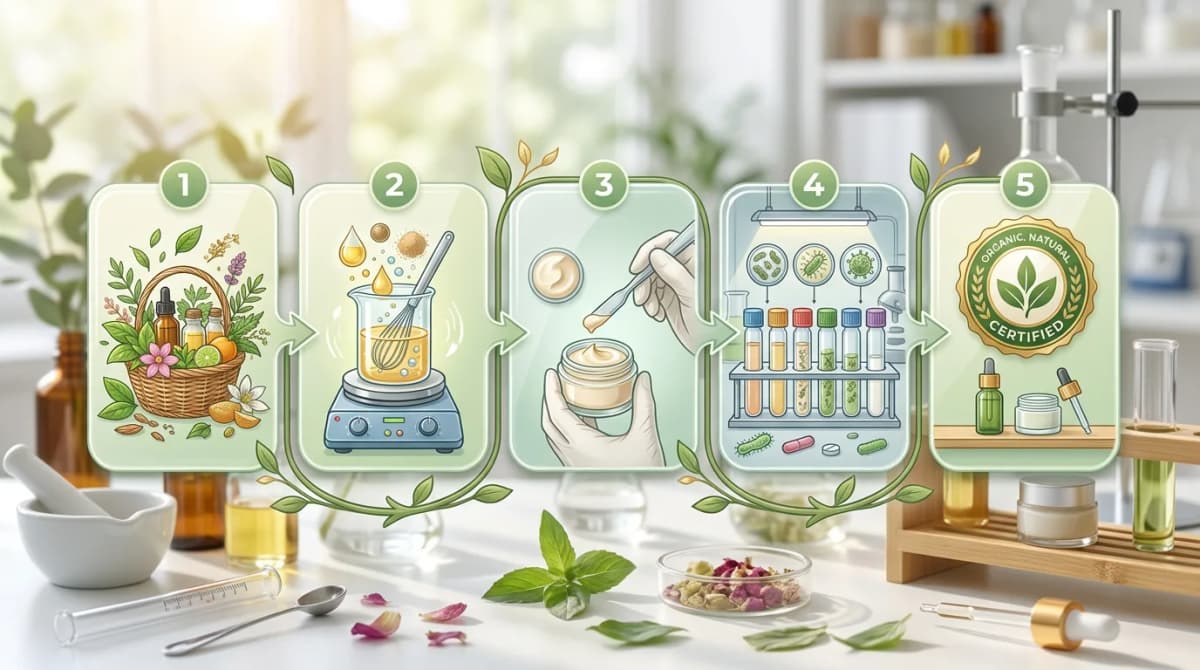 Step-by-step organic cosmetic formulation process shown as a clean infographic diagram with icons representing ingredient selection, mixing, stability testing, challenge test vials and certification badge, pastel green color palette