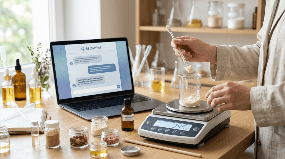 Laboratory scale weighing cosmetic ingredients with a laptop showing AI chatbot interface in the background, soft editorial lighting, beauty science aesthetic