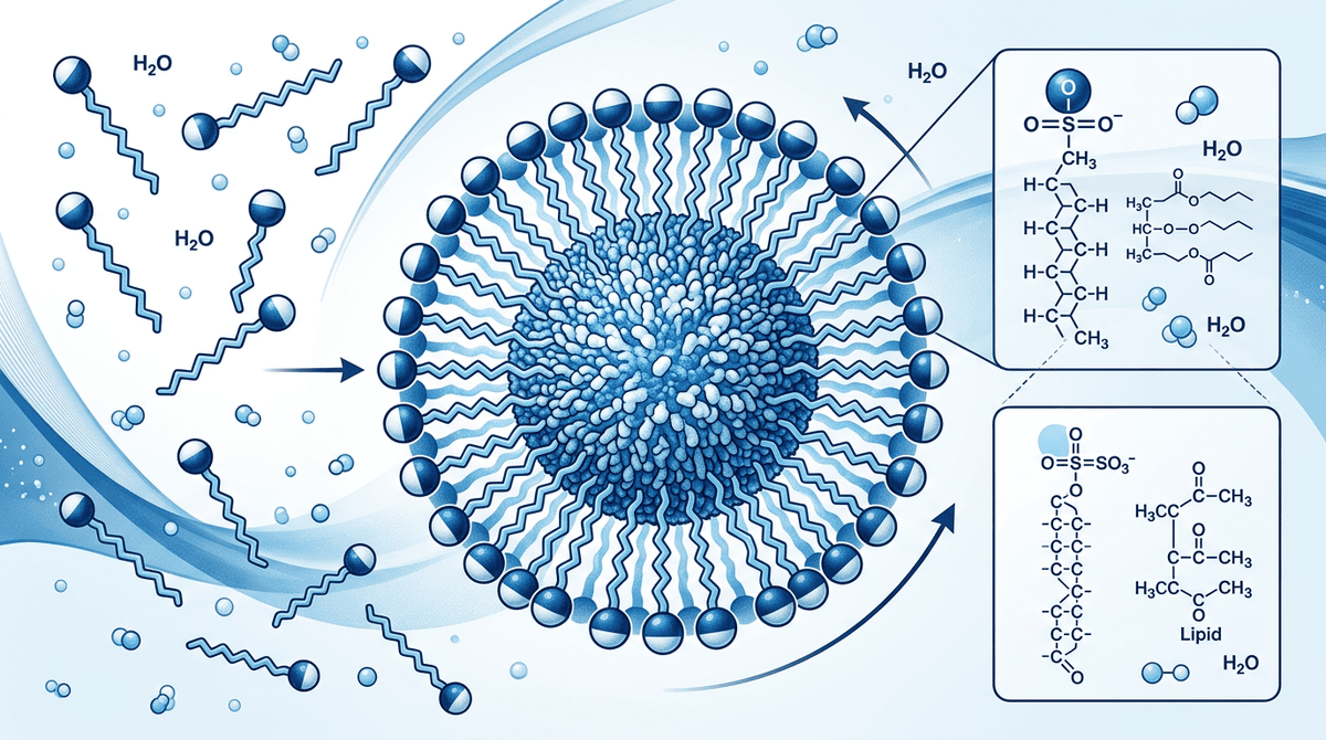 Diagram molekuler pembentukan misel SLS di sekitar tetesan lipid, gaya infografis bersih, palet warna biru dan putih, ilustrasi ilmiah