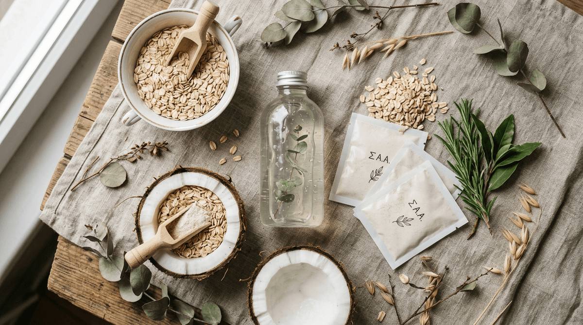 Tata letak datar bahan-bahan alami — belahan kelapa, serpihan oat, sachet bubuk asam amino, di samping botol sampo transparan berisi gel bening, cahaya alami lembut, estetika botani