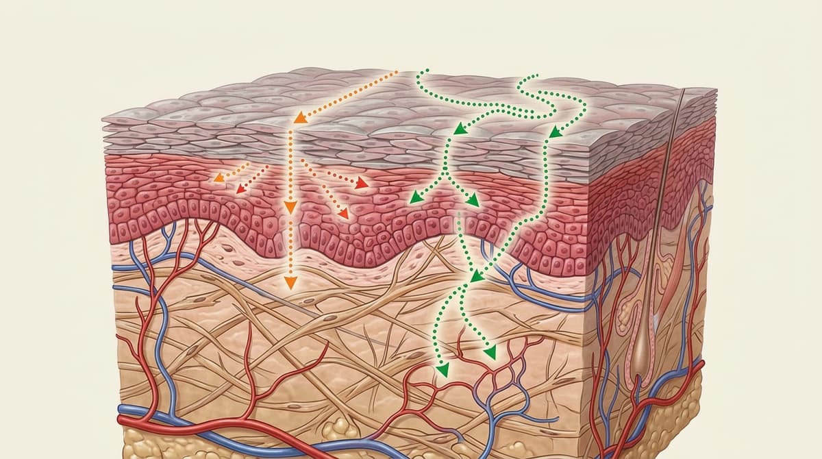 Detailed cross-section illustration of human skin layers (stratum corneum, epidermis, dermis) with labelled peptide penetration pathways shown as dotted arrows, scientific textbook style, neutral background