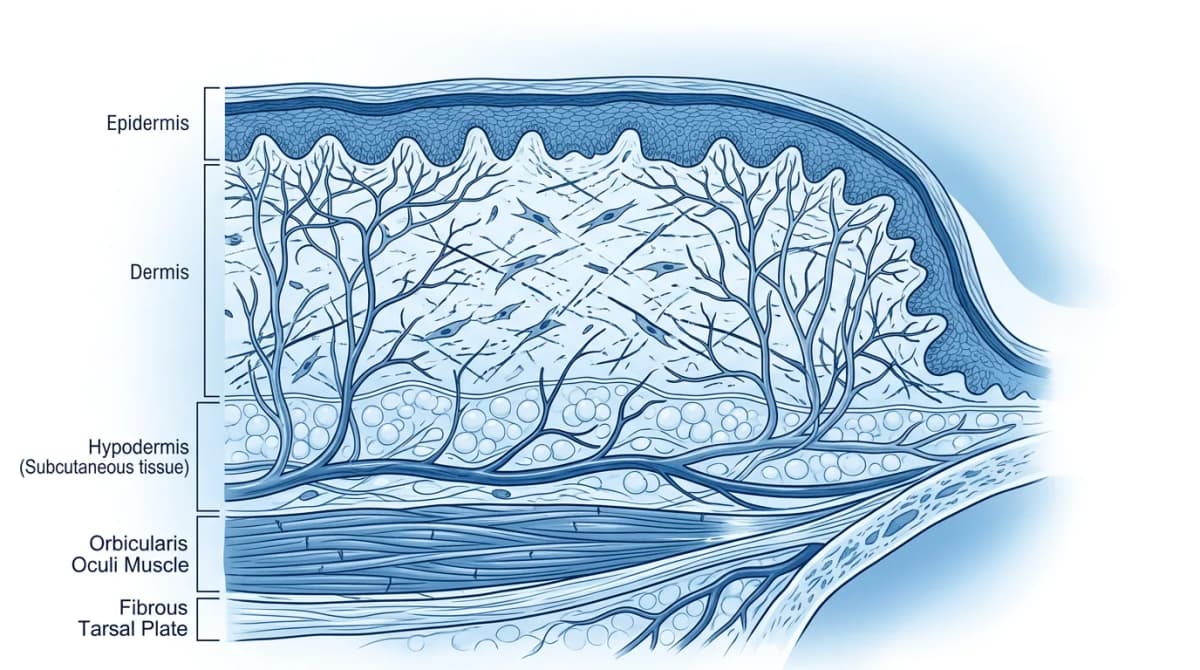 Close-up scientific cross-section illustration of periorbital skin layers showing thin dermis, sparse collagen fibers, lymphatic vessels and capillaries, labelled diagram, cosmetic chemistry educational style, blue and white color palette