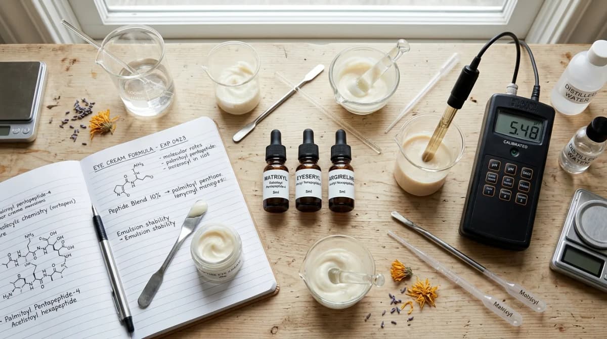 Flat lay of cosmetic chemistry lab setup with labelled peptide vials (Matrixyl, Eyeseryl, Argireline), pH meter, glass beakers, formula notebook and eye cream sample, professional product photography, soft natural lighting