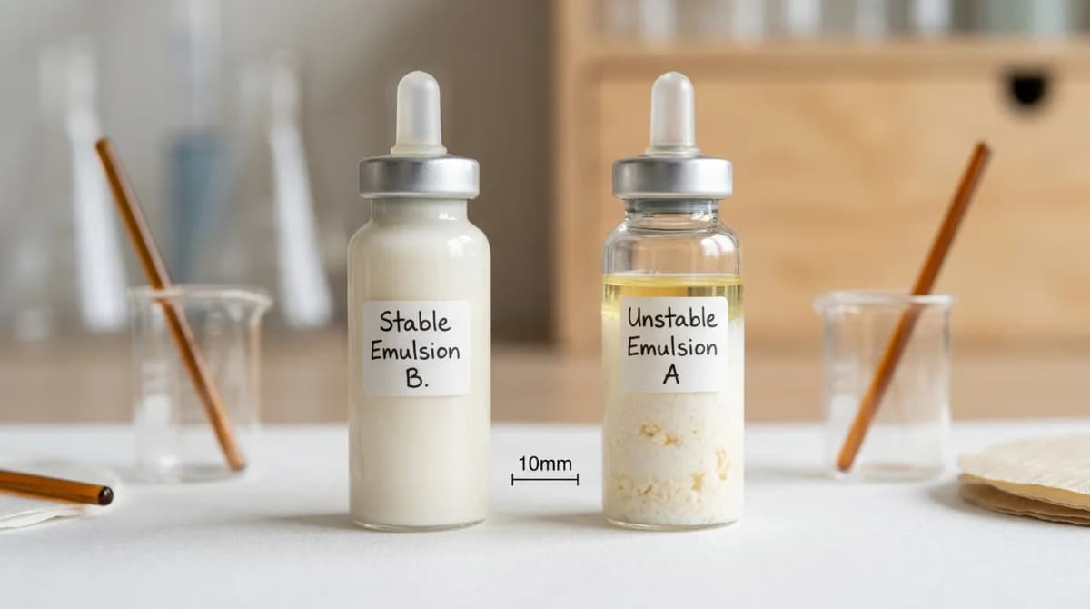 Side-by-side macro comparison of stable vs unstable eye cream emulsion in two glass vials, one smooth and homogeneous, one showing separation and graininess, cosmetic lab quality control photography, neutral background